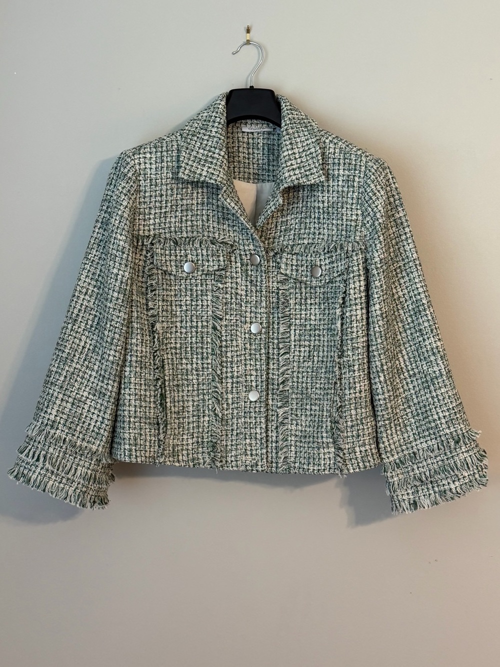 Chico's Button-up Tweed Fringed Jacket in Sage Green and Cream, Size 10